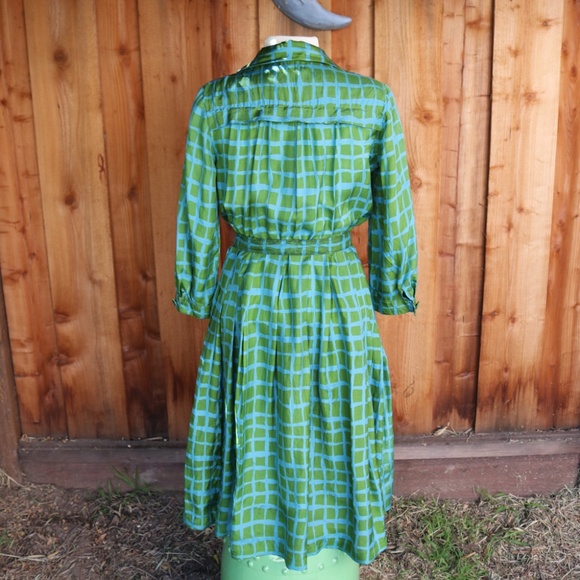 Vintage I. Magnan 100% Silk Green & Blue Geometric Square Shirt Dress - Picture 10 of 17
